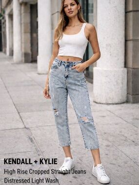 Kendall + Kylie High Rise Cropped Straight Jeans Distressed 9/29 Light Blue
